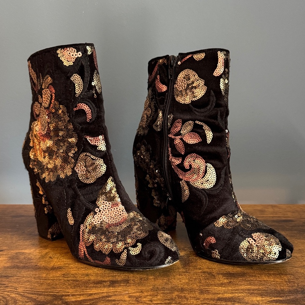 Aldo Black and Gold Embroidered Ankle Boots